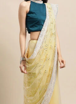 Blue N Yellow Embroidered Half N Half Saree Party Wear