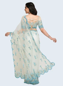 Blue Nylon Net Embroidery Work Saree Wedding Wear -Deals Chic Lehenga Store Blue Nylon Net Embroidery Work Saree SAMCAA012 b