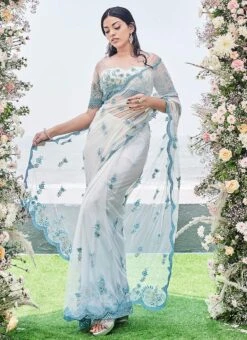 Blue Nylon Net Embroidery Work Saree Wedding Wear -Deals Chic Lehenga Store Blue Nylon Net Embroidery Work Saree SAMCAA012 u