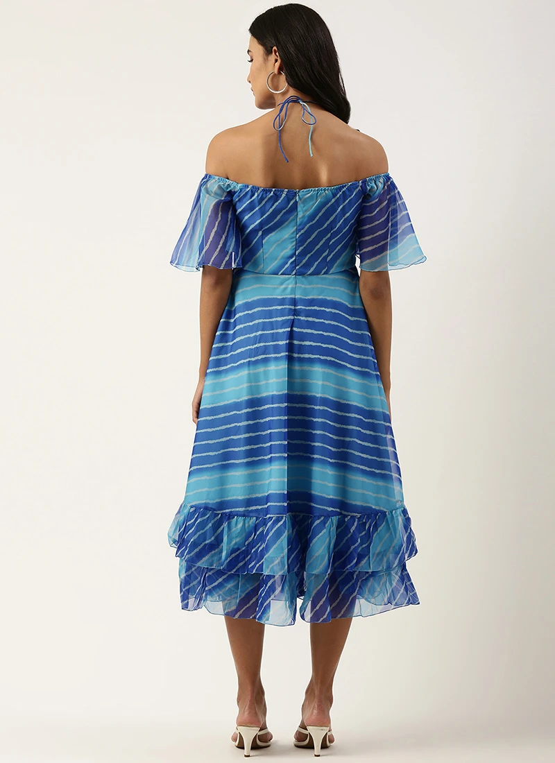 Blue Organza Printed Dress Party Wear 4 Blue Organza Printed Dress Party Wear - Image 4