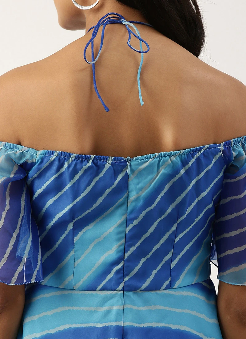 Blue Organza Printed Dress Party Wear 6 Blue Organza Printed Dress Party Wear - Image 6