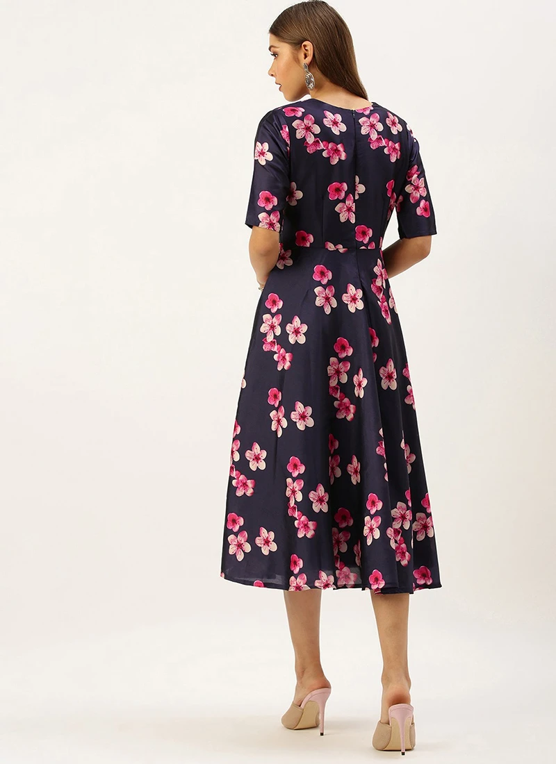 Blue Printed Art Silk Fit And Flare Dress After Six Wear 4 Blue Printed Art Silk Fit And Flare Dress After Six Wear - Image 4