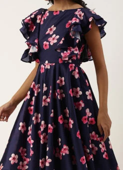 Blue Printed Art Silk Ruffled Dress Festive Wear