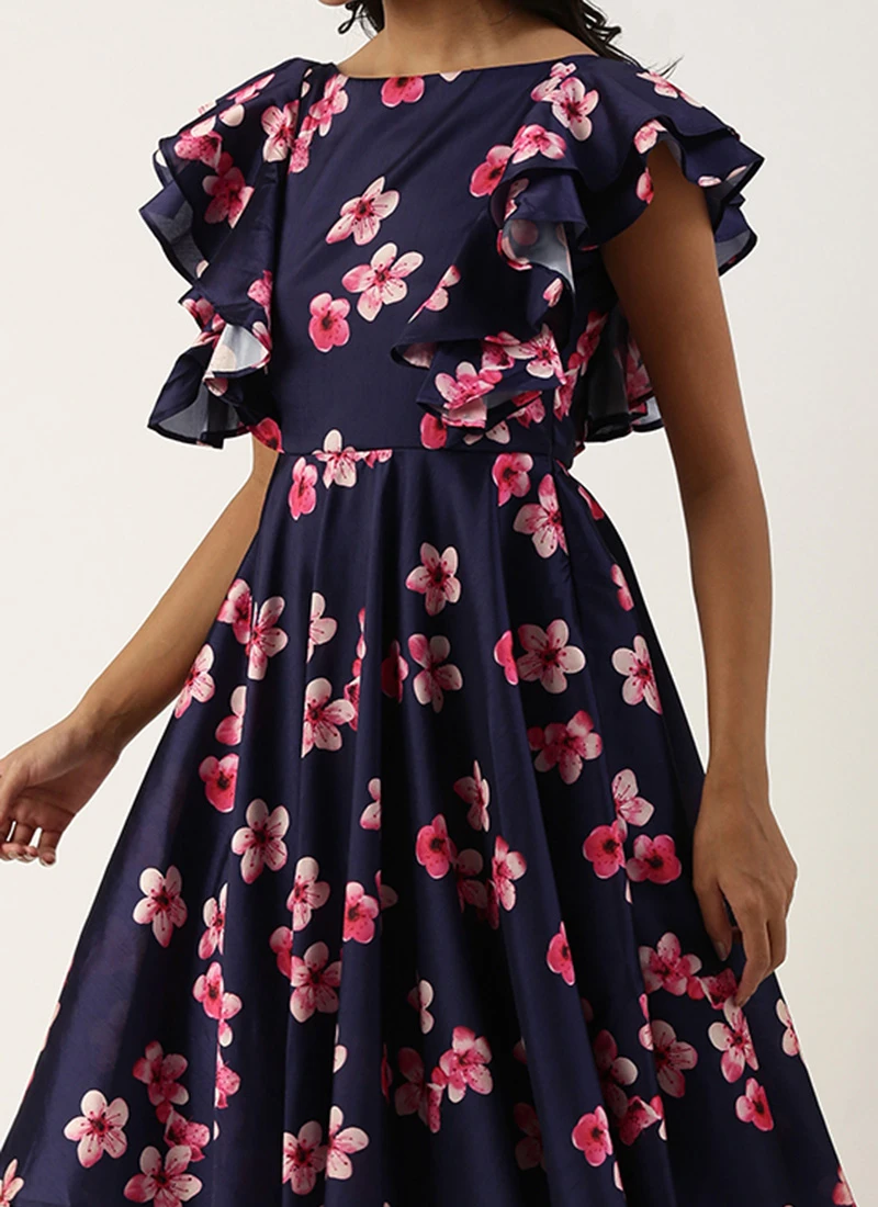 Blue Printed Art Silk Ruffled Dress Festive Wear 1 Blue Printed Art Silk Ruffled Dress Festive Wear