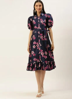 Blue Printed Art Silk Shirt Dress After Six Wear -Deals Chic Lehenga Store Blue Printed Art Silk Shirt Dress DRBS02205850 u