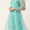 Blue Printed Organza Maxi Dress Festive Wear