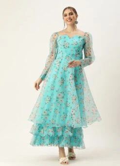 Blue Printed Organza Maxi Dress Festive Wear 10 Blue Printed Organza Maxi Dress Festive Wear -Deals Chic Lehenga Store Blue Printed Organza Maxi Dress DRBS02305201 u