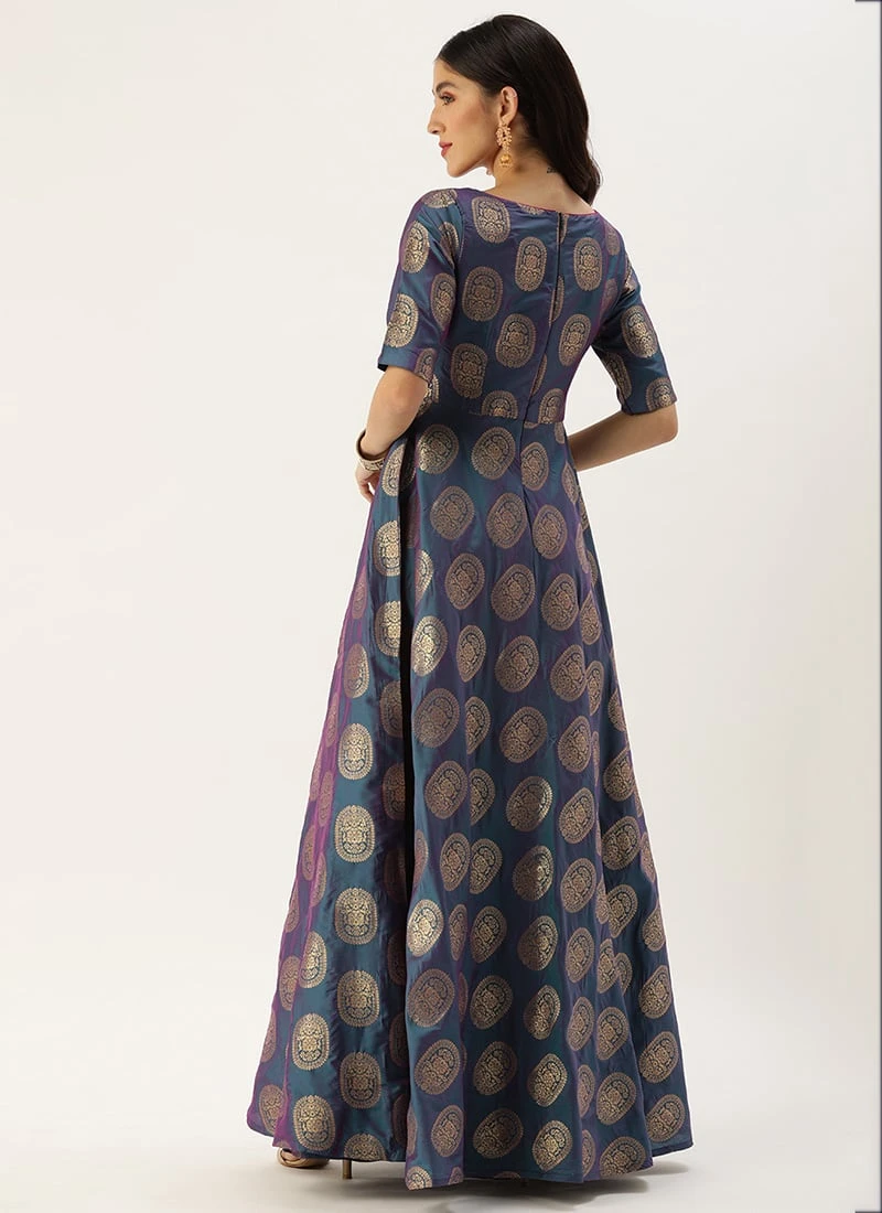 Blue Taffeta Jacquard Half Circular Dress Festive Wear 4 Blue Taffeta Jacquard Half Circular Dress Festive Wear - Image 4