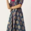 Blue Taffeta Jacquard Half Circular Dress Festive Wear