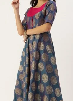 Blue Taffeta Jacquard Half Circular Dress Festive Wear