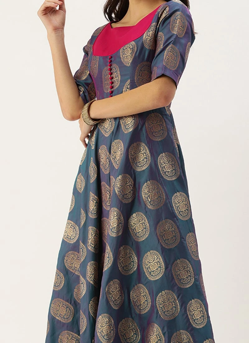 Blue Taffeta Jacquard Half Circular Dress Festive Wear 1 Blue Taffeta Jacquard Half Circular Dress Festive Wear