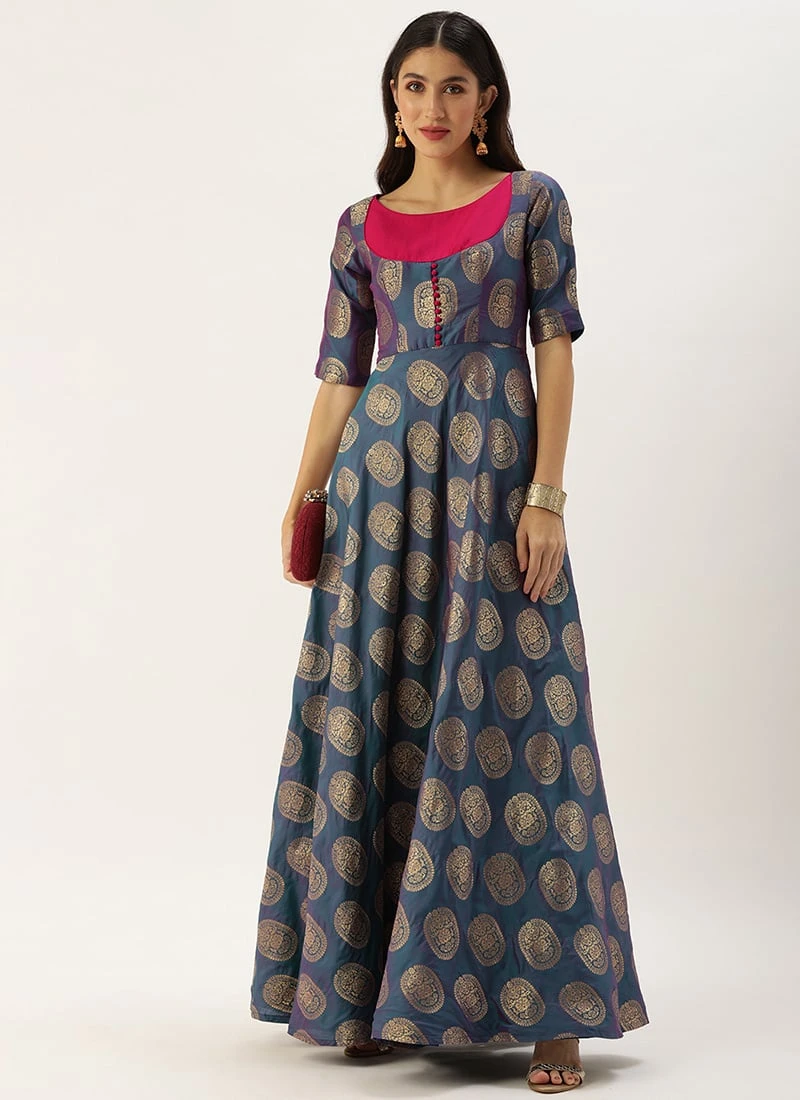 Blue Taffeta Jacquard Half Circular Dress Festive Wear 3 Blue Taffeta Jacquard Half Circular Dress Festive Wear - Image 3