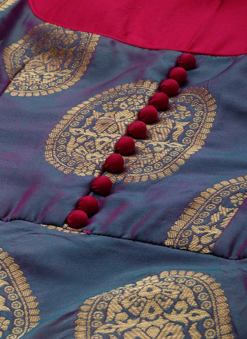 Blue Taffeta Jacquard Half Circular Dress Festive Wear 5 Blue Taffeta Jacquard Half Circular Dress Festive Wear - Image 5