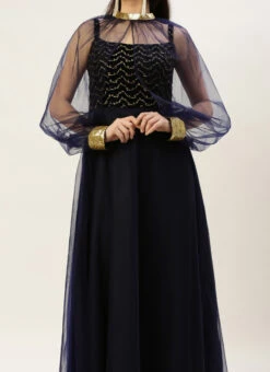 Blue Velvet Embroidered Dress With Cape Party Wear Festive Wear
