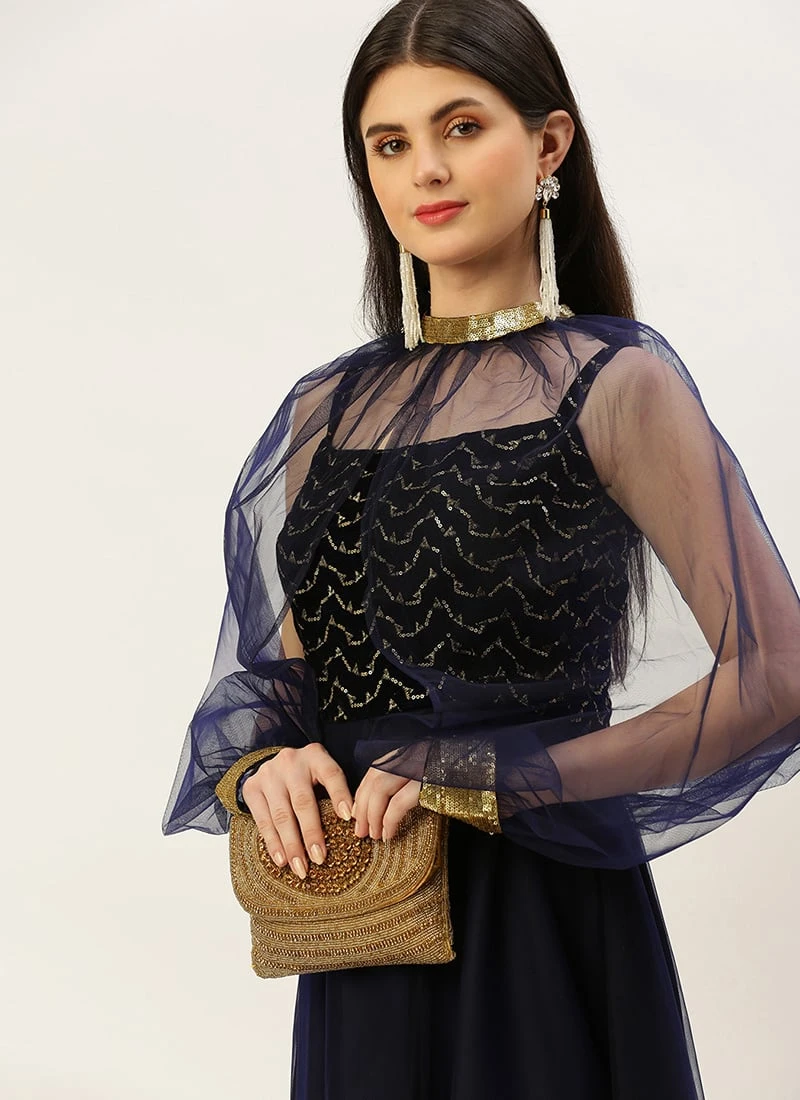 Blue Velvet Embroidered Dress With Cape Party Wear 5 Blue Velvet Embroidered Dress With Cape Party Wear - Image 5