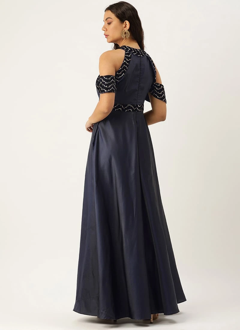 Blue Velvet Embroidered Off Shoulder Dress Festive Wear Party Wear 4 Blue Velvet Embroidered Off Shoulder Dress Festive Wear Party Wear - Image 4