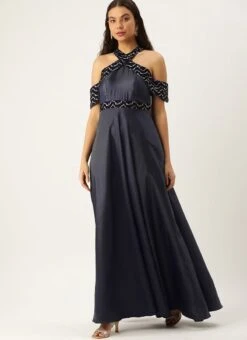 Blue Velvet Embroidered Off Shoulder Dress Festive Wear Party Wear 10 Blue Velvet Embroidered Off Shoulder Dress Festive Wear Party Wear -Deals Chic Lehenga Store Blue Velvet Embroidered Off Shoulder Dress DRBS02211083 u