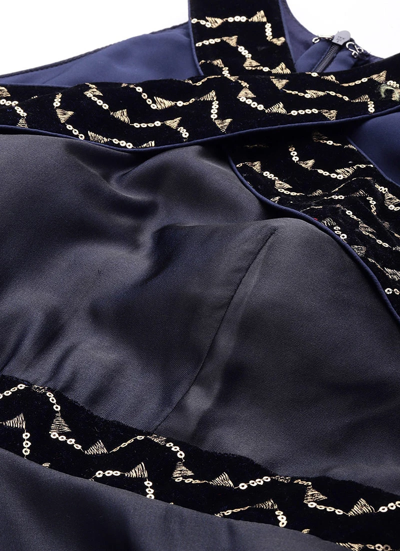 Blue Velvet Embroidered Off Shoulder Dress Festive Wear Party Wear 5 Blue Velvet Embroidered Off Shoulder Dress Festive Wear Party Wear - Image 5