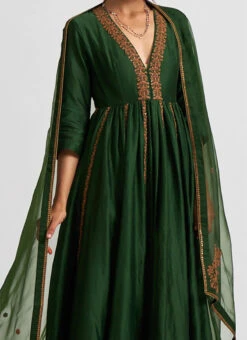 Bottle Green Chanderi Silk Anarkali Suit Wedding Wear