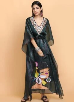 Bottle Green Handpainted Kaftan Set Party Wear -Deals Chic Lehenga Store Bottle Green Handpainted Kaftan set KFDASCT142 u