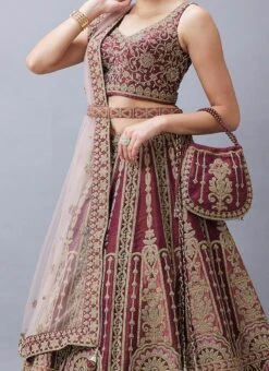 Burgundy Organza Silk Hand Work Umbrella Lehenga Choli With Dupatta Wedding Wear