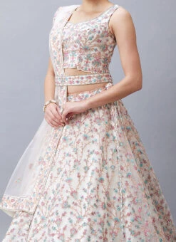 White Net Resham N Hand Work Umbrella Lehenga Choli N Dupatta Wedding Wear