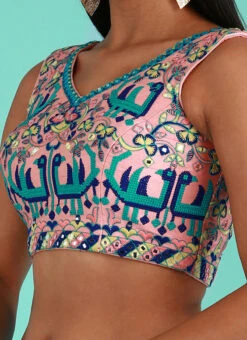 Coral Pink Silk Embroidery Work Blouse Party Wear