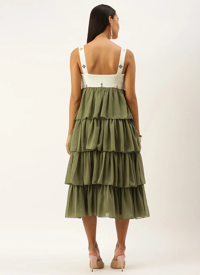 Cream Embroidered Layered Dress Party Wear 4 Cream Embroidered Layered Dress Party Wear - Image 4