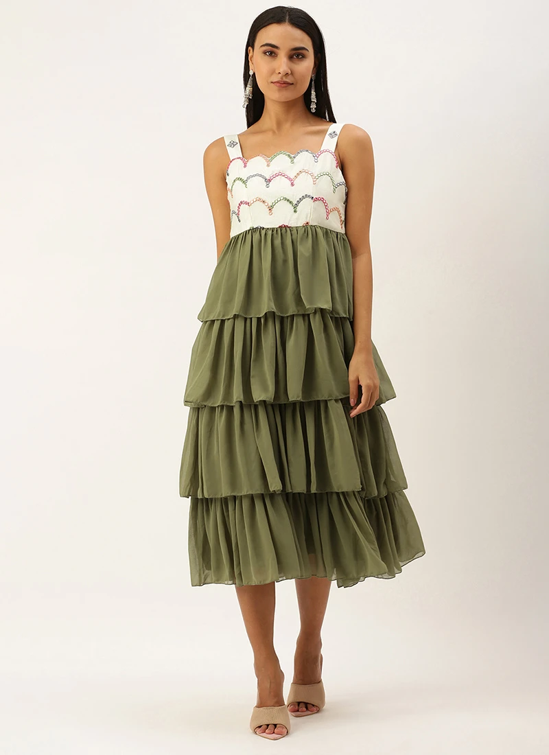 Cream Embroidered Layered Dress Party Wear 3 Cream Embroidered Layered Dress Party Wear - Image 3