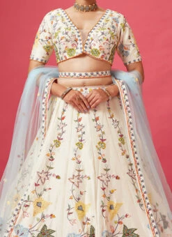 Cream Embroidered And Hand Work Art Silk Umbrella Lehenga Wedding Wear