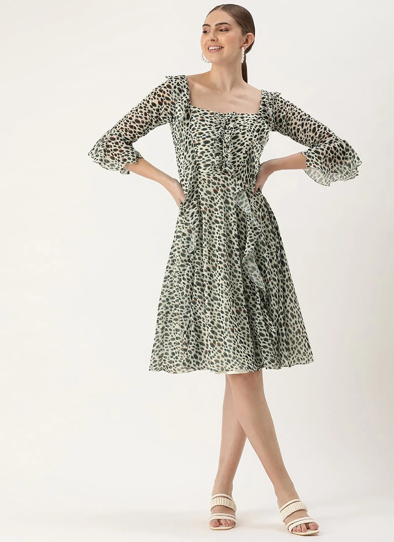 Cream Georgette Digital Printed Dress Party Wear 3 Cream Georgette Digital Printed Dress Party Wear - Image 3