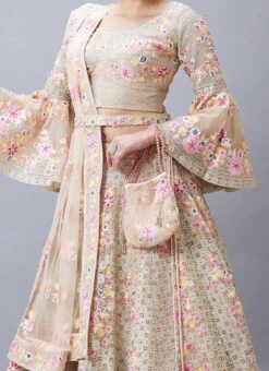 Cream Net Embroidery N Hand Work Umbrella Lehenga N Choli With Dupatta Wedding Wear