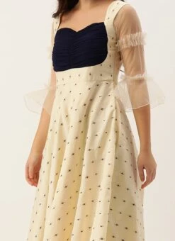 Cream Satin N Blue Ruched Style Anarkali Suit Festive Wear