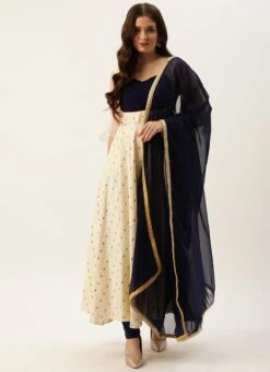 Cream Satin N Blue Ruched Style Anarkali Suit Festive Wear -Deals Chic Lehenga Store Cream Satin N Blue Ruched Style Anarkali Suit SLBS02204840 u