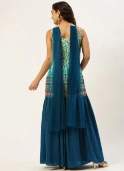 Dupatta From Cream And Blue Chinon Printed Gharara Set After Six Wear -Deals Chic Lehenga Store Cream and Blue Chinon Printed Gharara Set SLBS02302373 b 1