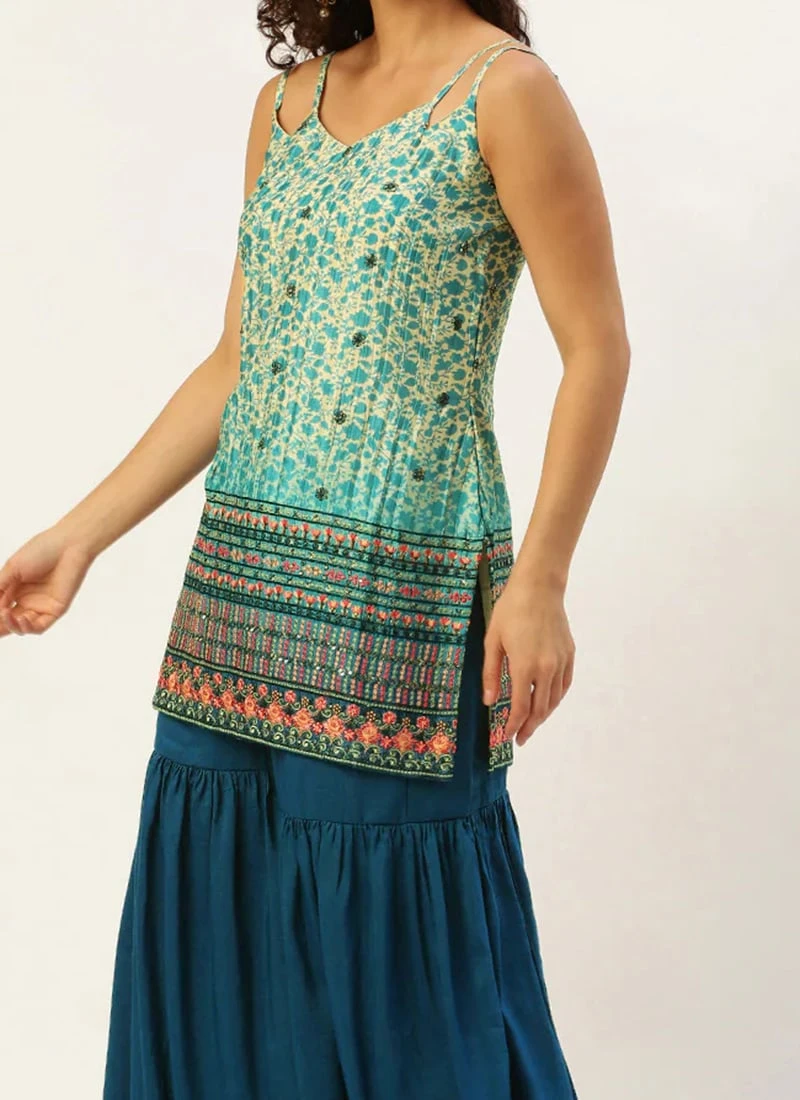 Bottom From Cream And Blue Chinon Printed Gharara Set After Six Wear 1 Bottom From Cream And Blue Chinon Printed Gharara Set After Six Wear