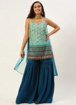 Bottom From Cream And Blue Chinon Printed Gharara Set After Six Wear 10 Bottom From Cream And Blue Chinon Printed Gharara Set After Six Wear -Deals Chic Lehenga Store Cream and Blue Chinon Printed Gharara Set SLBS02302373 u 2