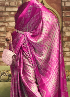 Crepe Satin Rani Pink Color Printed Work Saree Party Wear