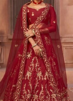 Crimson Red Net Embroidered N Stones Umbrella Lehenga Party Wear