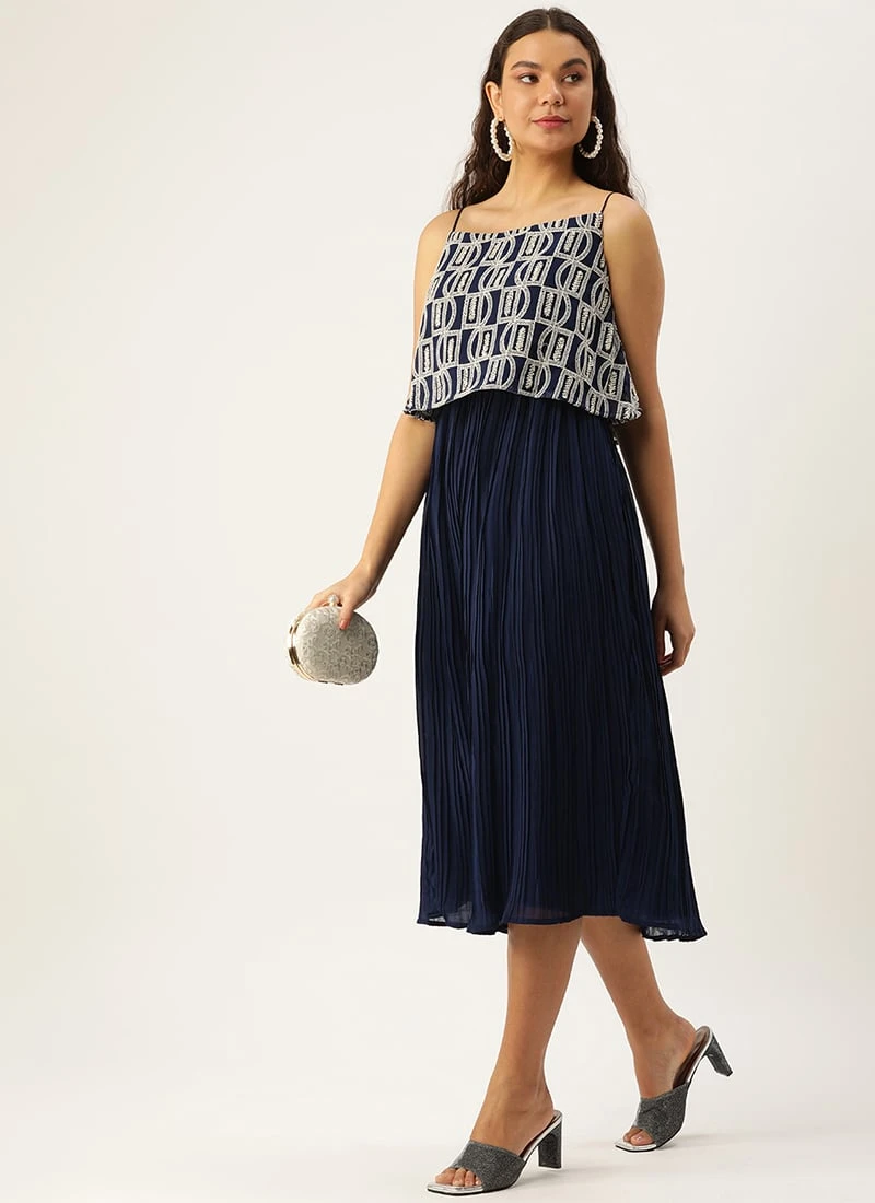 Dark Blue Embroidered Georgette Dress Festive Wear After Six Wear 3 Dark Blue Embroidered Georgette Dress Festive Wear After Six Wear - Image 3