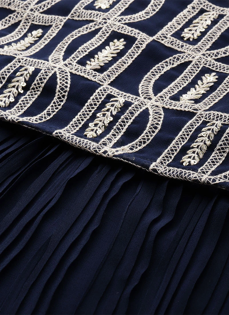 Dark Blue Embroidered Georgette Dress Festive Wear After Six Wear 5 Dark Blue Embroidered Georgette Dress Festive Wear After Six Wear - Image 5