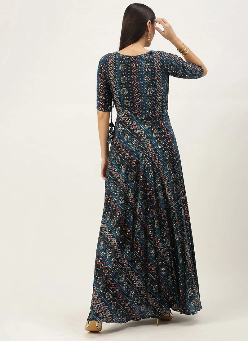 Dark Blue Printed Angarkha Gown Festive Wear 4 Dark Blue Printed Angarkha Gown Festive Wear - Image 4