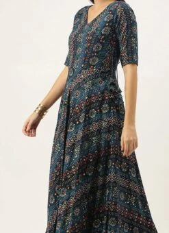 Dark Blue Printed Angarkha Gown Festive Wear