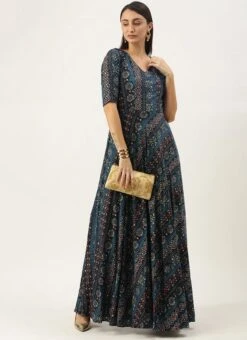 Dark Blue Printed Angarkha Gown Festive Wear 10 Dark Blue Printed Angarkha Gown Festive Wear -Deals Chic Lehenga Store Dark Blue Printed Angarkha Gown IWBS02110833 u