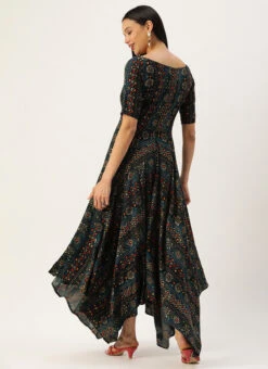 Dark Blue Printed Handkerchief Style Dress Festive Wear -Deals Chic Lehenga Store Dark Blue Printed Handkerchief Style Dress DRBS02110944 b