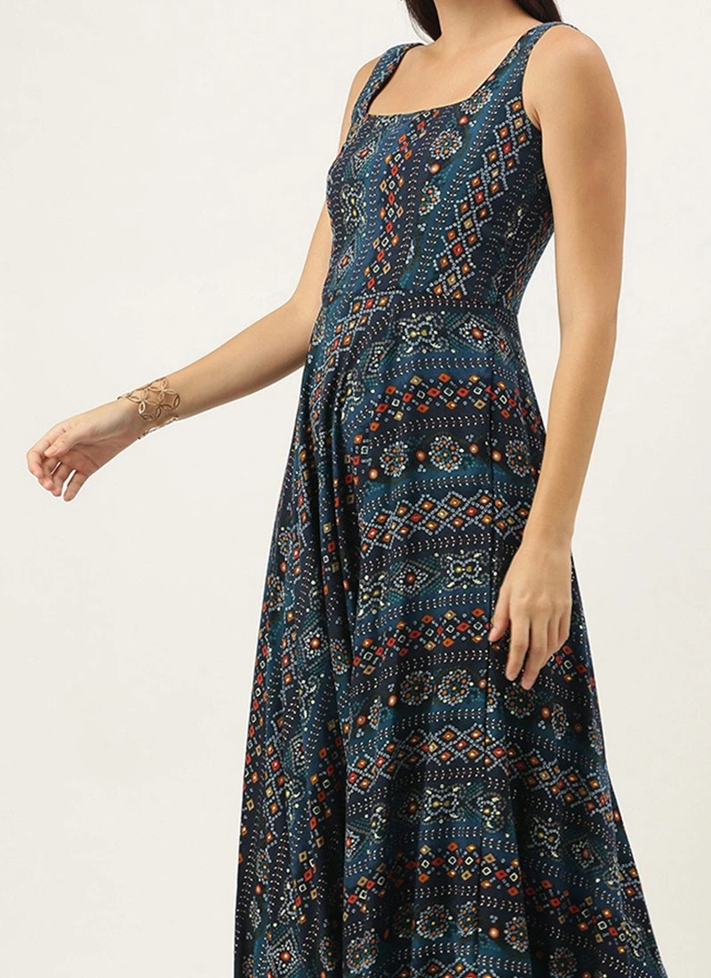 Dark Blue Printed Strap Neck Dress After Six Wear 1 Dark Blue Printed Strap Neck Dress After Six Wear