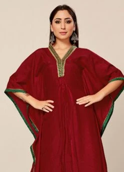Wine Dola Silk Embroidered Kaftan Work Wear -Deals Chic Lehenga Store Deep Pink Dola Silk Embroidered Kaftan KRSAKF1105 b
