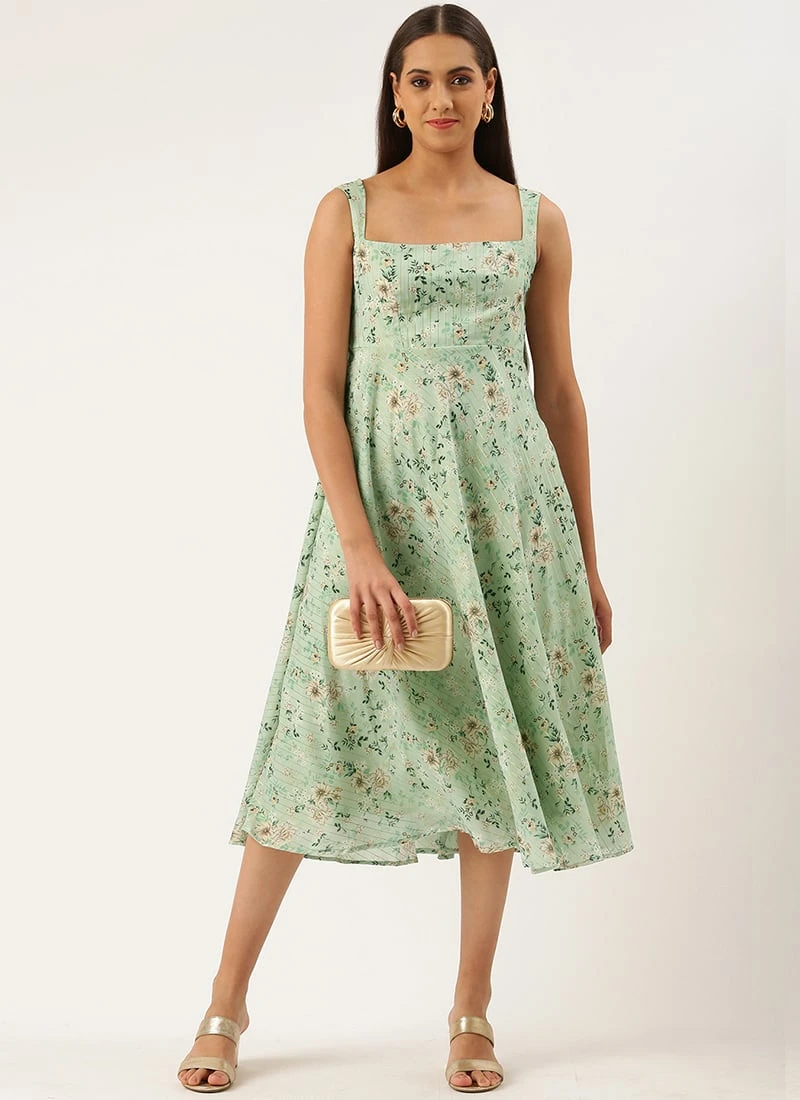 Digital Printed Green Muslin Maxi Dress Party Wear 3 Digital Printed Green Muslin Maxi Dress Party Wear - Image 3