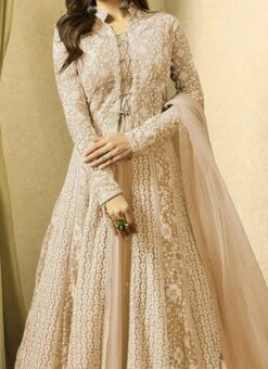 Drashti Dhami Beige Embroidered Anarkali Suit Party Wear