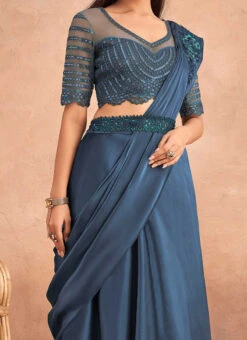 Dusty Blue Chinon Silk Ready Pleated Saree Party Wear